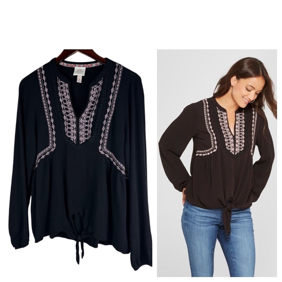 Knox Rose Top Shirt Tunic Sz XL 14 16 Black Boho Peasant Gypsy Tie Front - Picture 1 of 5